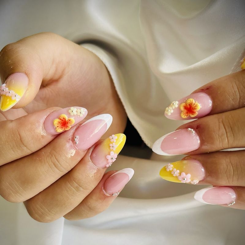 Yellow ombré and white French tips with 3D flowers