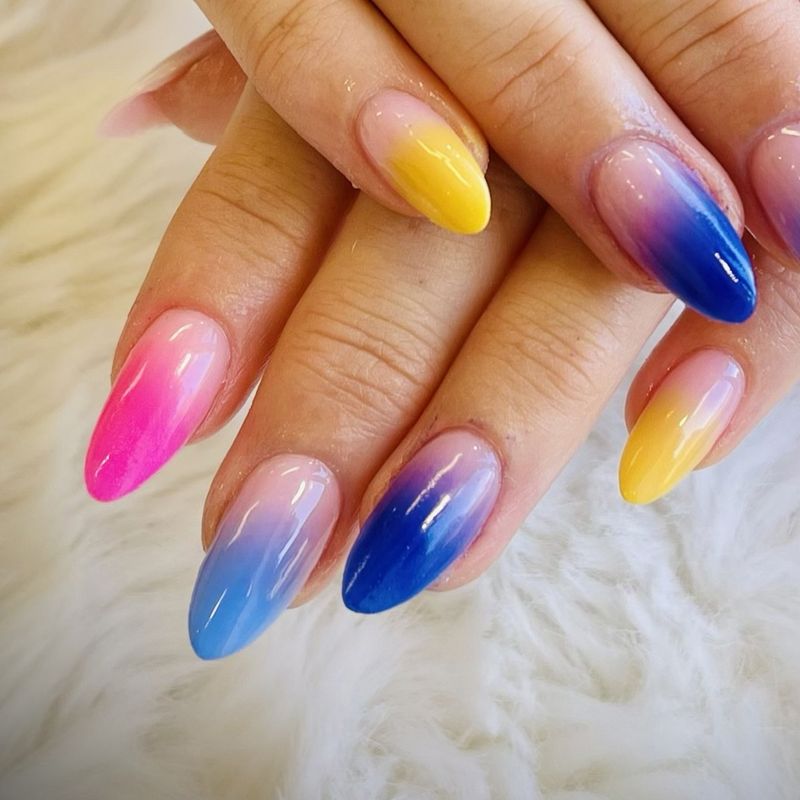 Pink, blue and yellow ombré almond nails