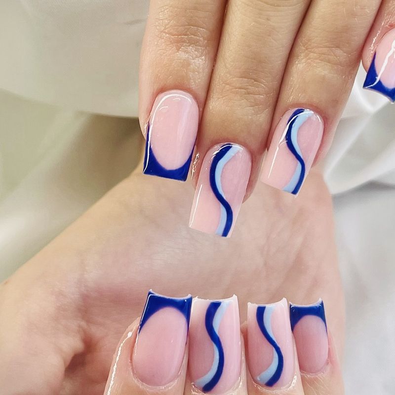 Navy French tips and blue waves on square nails